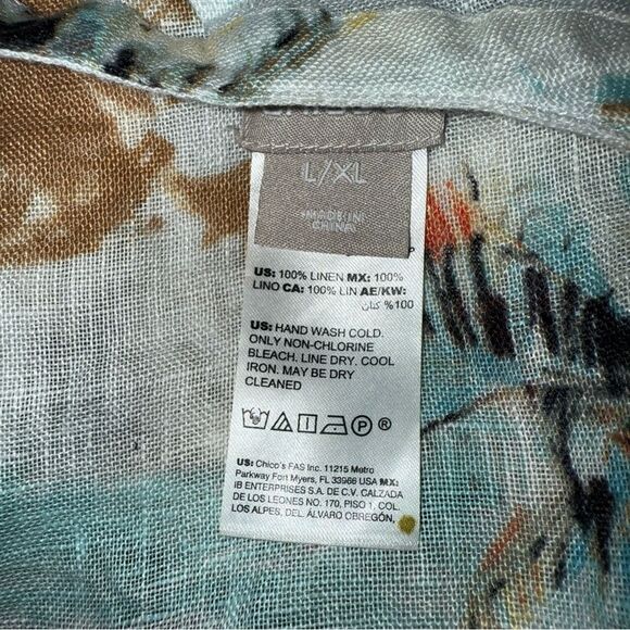 Chico's Scenic Ocean 100% Linen Caftan Blouse Top Beachy Tropical Poncho L/XL - Picture 5 of 10